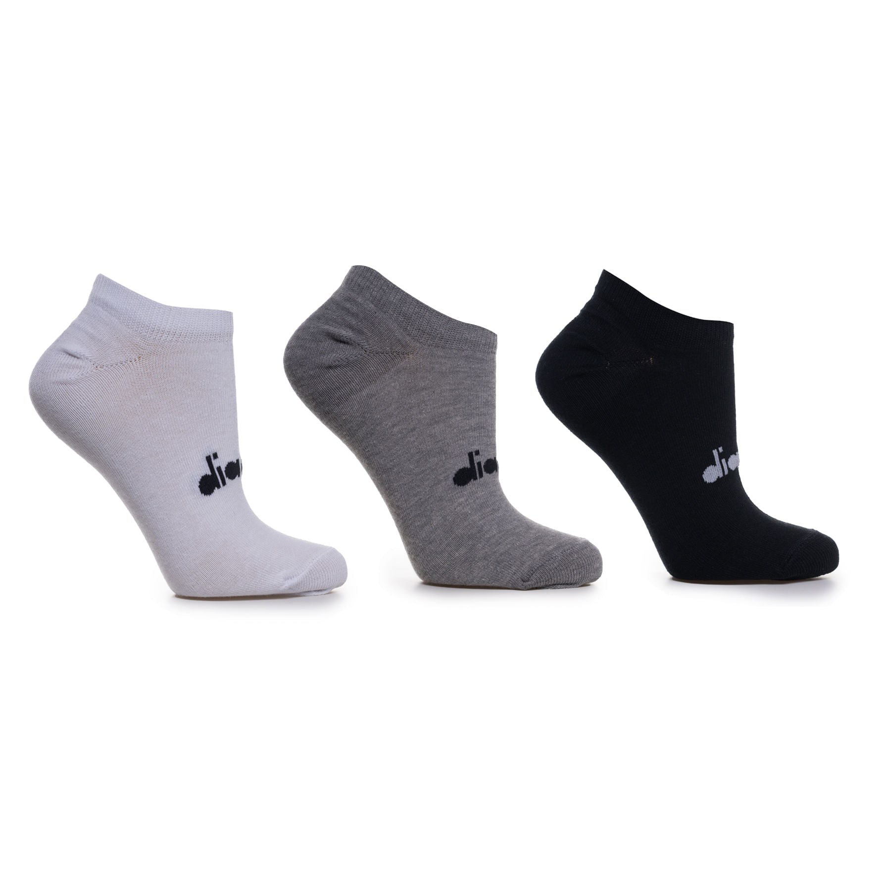 Kit de meias esportivas unissex Diadora nas cores branco, cinza e preto exibindo logotipo da marca